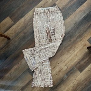 Sequin Flare High Waist Party Pants - W Med - Rose Gold